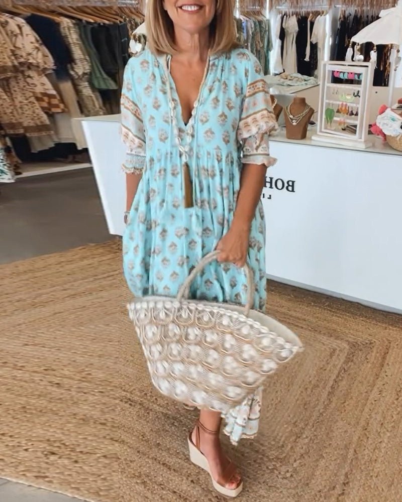 MANA | VESTIDO MIDI FLORAL CHIQUE COM DECOTE EM V